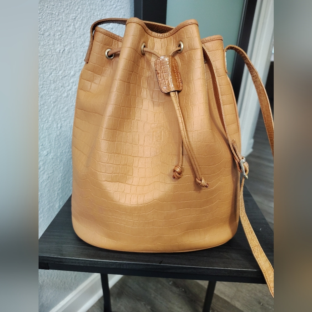 Fendi Tan Croc-Embossed Shoulder Bag